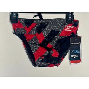 Speedo Endurance+ Men's Swim Brief Size 26 Red Black Geometric Print NWT